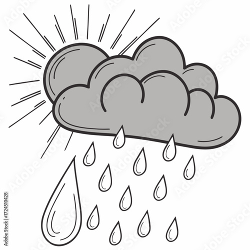Stylized cartoon illustration of a gray rain cloud with sun rays behind it and falling raindrops in various sizes on a white background