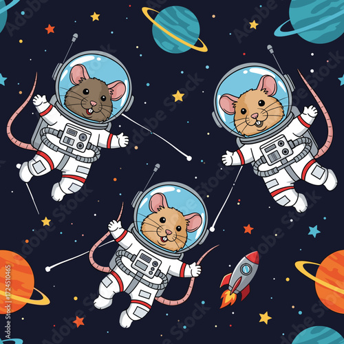 Adorable astronaut mice explore vibrant outer space surrounded by planets and stars Kids adventure
