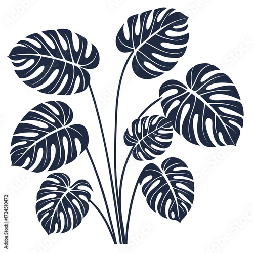 Stylized dark blue monstera plant with large split leaves and thin stems against a clean white background representing tropical foliage and natural beauty