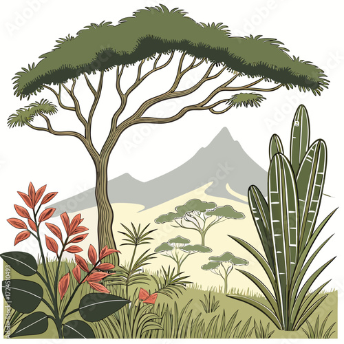 Stylized illustration of a vibrant african savanna landscape featuring a large acacia tree diverse foliage distant mountains and a clear sky creating a picturesque natural scene