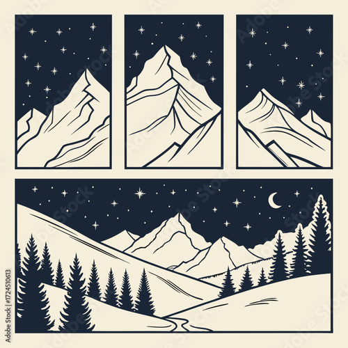Stylized vector illustration of majestic mountain peaks under a starry night sky with a crescent moon and silhouetted pine trees in a winter landscape