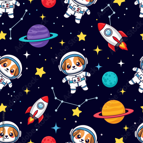 Cute cartoon dogs in astronaut suits exploring space with planets rockets and stars Fun cosmic pattern