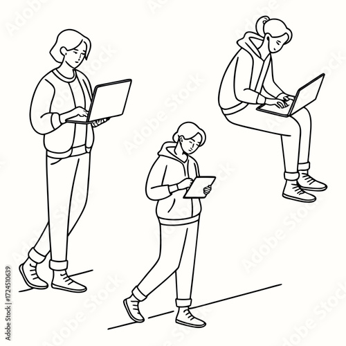 Three diverse young people engaged with technology using laptops and tablets in various casual poses and settings