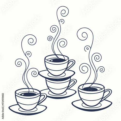 Three steaming cups of coffee or tea with decorative swirling steam rising in a simple line art illustration on a white background