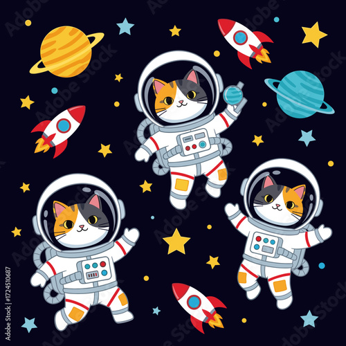 Three cute cartoon astronaut cats float in space with rockets and planets inspiring adventure
