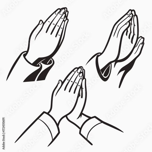 Three stylized black and white line art illustrations of hands clasped together in prayer representing spirituality and devotion