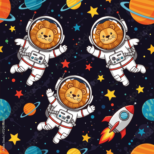 Smiling cartoon lions in space suits explore starry cosmos with planets and rocket Kids adventure