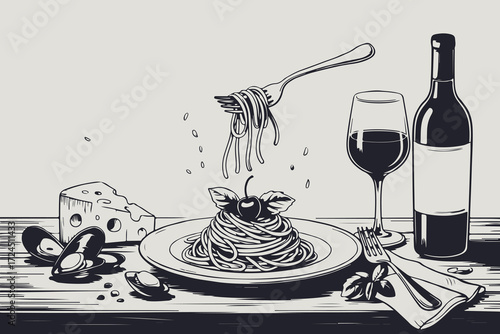 Delicious spaghetti dinner with wine cheese and napkin still life artistic drawing