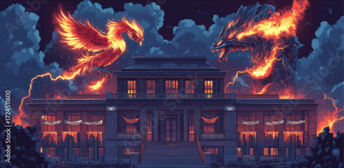 Epic Fiery Phoenix vs Dragon Showdown Above Grand Mansion at Night, Dramatic Fantasy Art, Glowing Fire and Storm Clouds