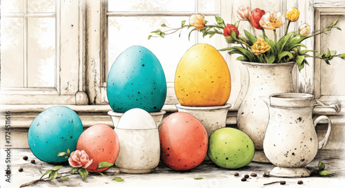 Vibrant Watercolor Easter Eggs and Spring Flowers Still Life on Rustic Windowsill, Vintage Pastel Holiday Decor