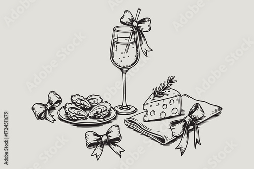 Elegant still life sketch of wine glass cheese and appetizers with ribbons for celebrations