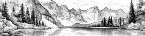 Hand Drawn Mountain Lake Landscape with Pine Trees, Reflections, and Dramatic Rocky Peaks in Black Ink Sketch Style Illustration