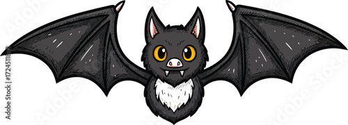 A cartoon illustration of a bat with black wings and a white chest on a white background spread out wide
