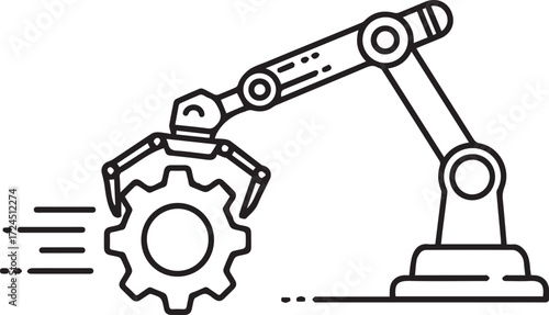 Modern robotic arm precisely assembling gear with speed, representing automation efficiency and innovation in futuristic manufacturing technologies