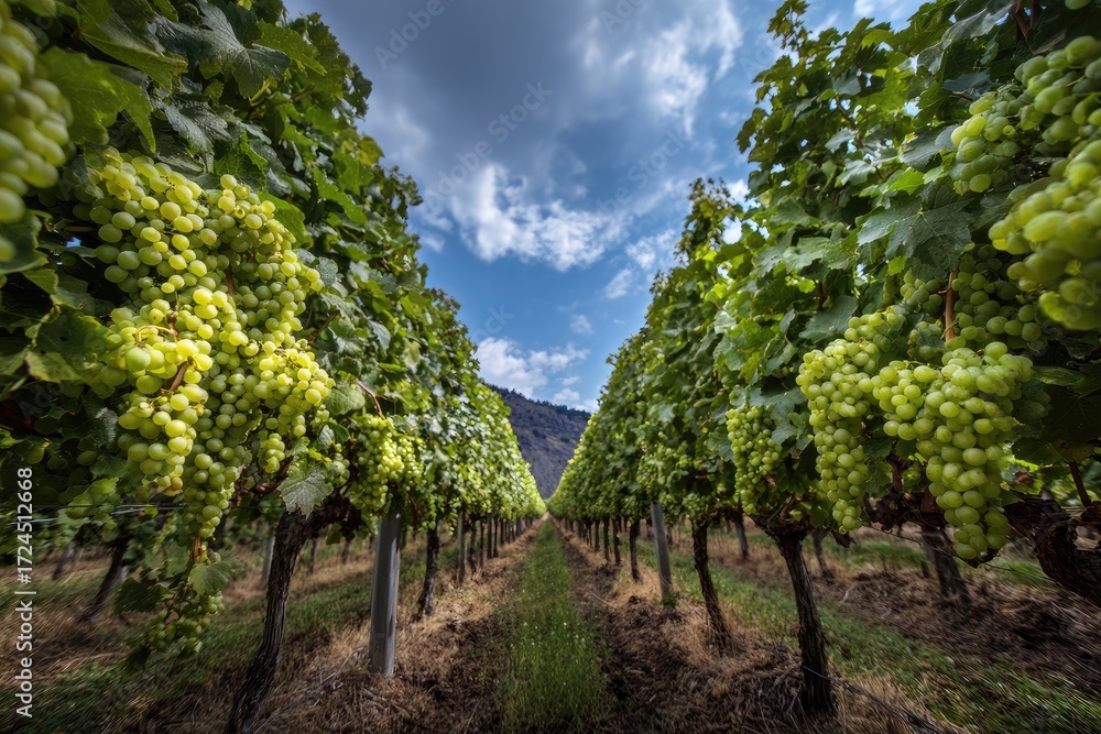 Naklejka premium Lush green vineyard stretching to a cloudy sky