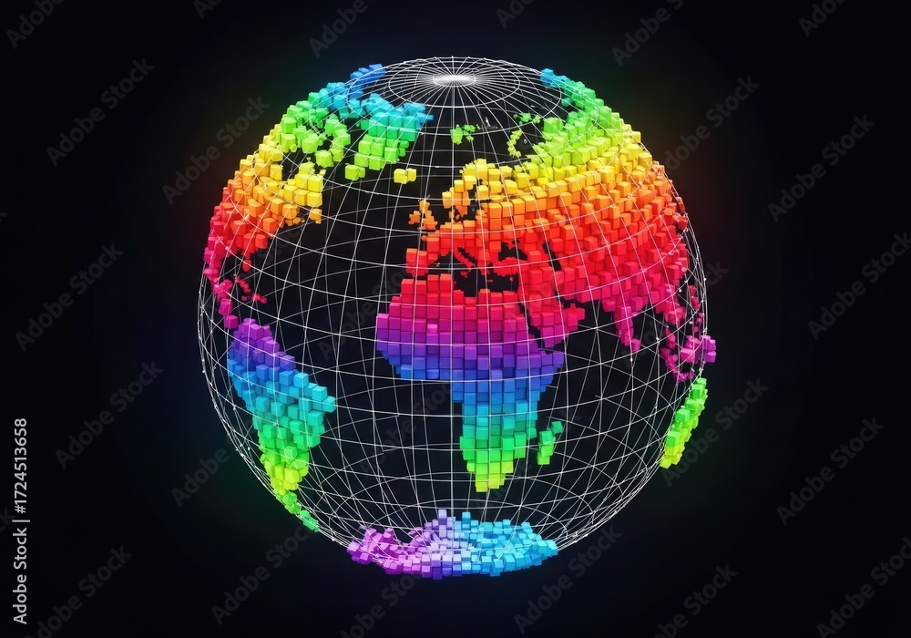 Naklejka premium Pixelated Colorful World Globe with Wireframe on Transparent Background Rendering
