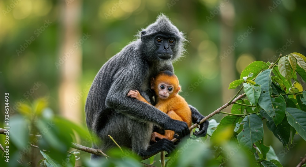 Fototapeta premium Gray langur monkey with baby in lush forest
