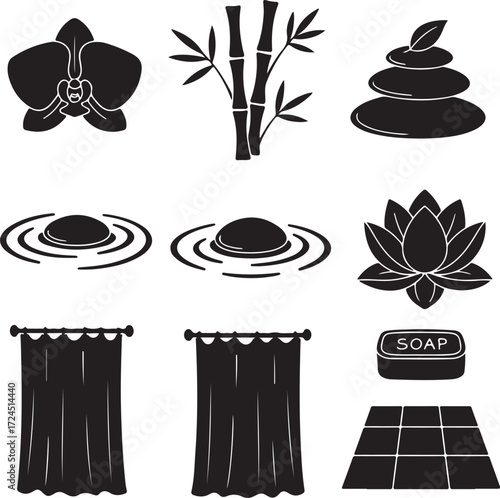 Spa and Wellness Icon Set: A harmonious collection of elegantly simple icons representing essential elements of spa and wellness.
