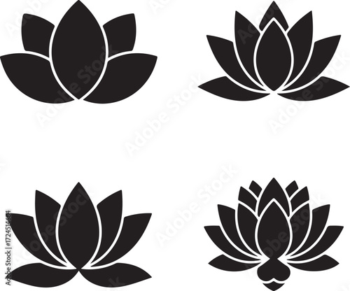 Lotus Flower Silhouettes: Four elegant lotus flower silhouettes grace the scene, evoking a sense of peace, purity, and spiritual grace. A versatile graphic for your creative projects.
