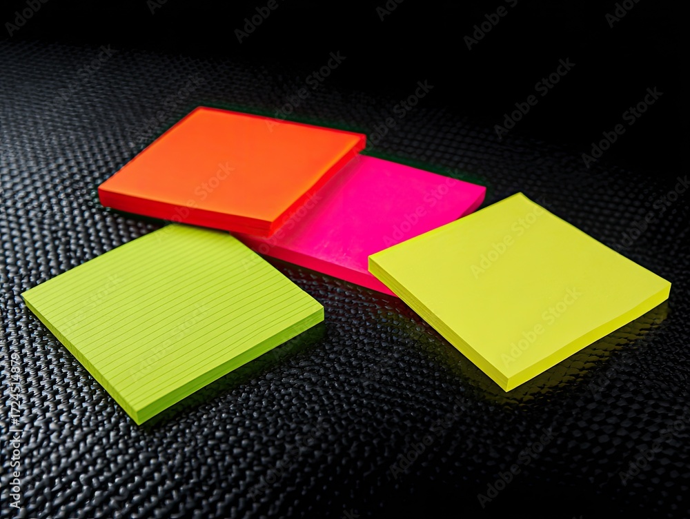 Fototapeta premium Four colorful sticky notes on a dark textured surface