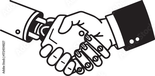 Futuristic handshake between human and robot, symbolizing partnership and innovation in business, conveying progress and technological advancement in artificial intelligence