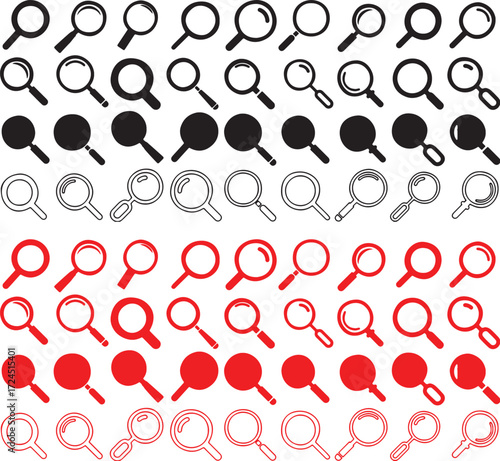 magnifying glass, lens, search, find, explore, zoom, discover, inspect, analyze, tool, icon, symbol, graphic, design element, black, red, collection, set, isolated, white background, illustration, lin