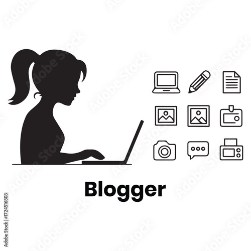Silhouette of Woman with Laptop and Blogging Icons