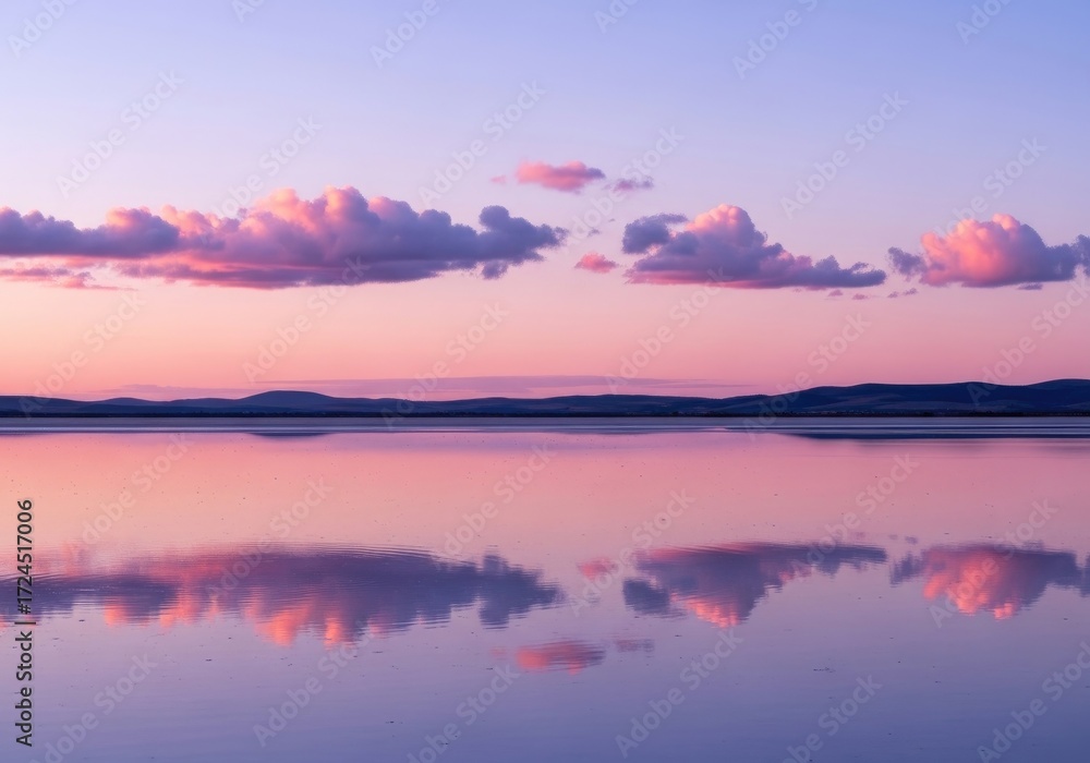 Fototapeta premium Serene Lake Reflections at Dusk with Pink Clouds Reflecting on Calm Waterscape