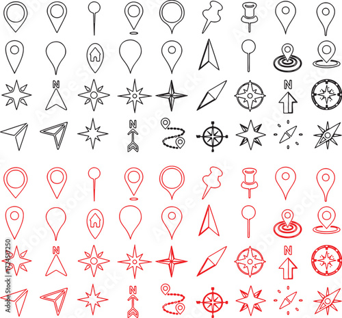 map pin, location marker, navigation, compass, direction, pointer, pin, route, map, travel, journey, destination, search, find, explore, wayfinding, symbol, icon, graphic, design, element, set, collec