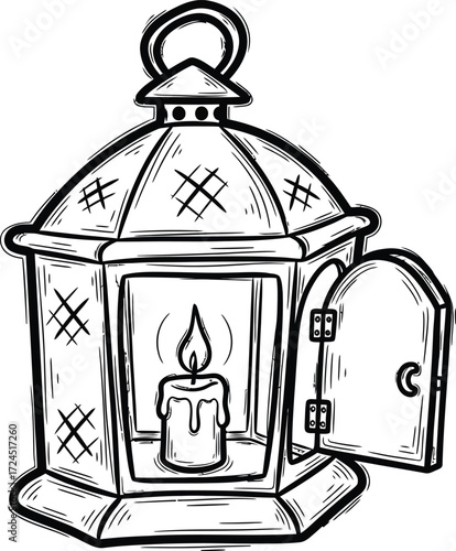A black and white drawing of an open lantern with a lit candle inside on a white background sketch style