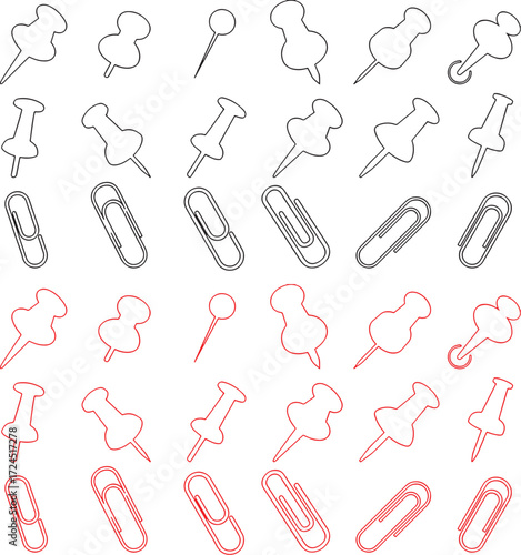Adobe Illpush pin, thumbtack, pin, fastener, stationery, office supply, paper clip, clip, binder clip, metal clip, office, school, supplies, red, black, outline, filled, white background, collection, 