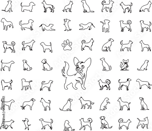 dog, dogs, puppy, puppies, canine, animal, animals, silhouette, outline, illustration, drawing, sketch, breed, breeds, chihuahua, poodle, husky, bulldog, terrier, dachshund, paw print, white backgroun