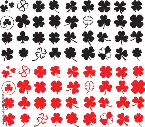 clover, shamrock, icon, symbol, lucky, luck, four leaf clover, three leaf clover, design element, graphic, illustration, pattern, collection, set, black, red, white background, isolated, spring, st pa