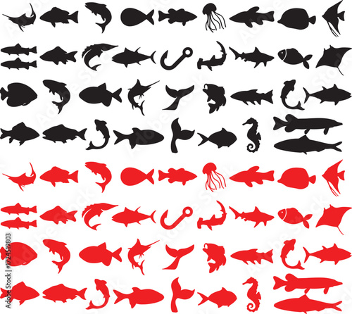 fish, marine life, sea creatures, ocean, wildlife, silhouette, outline, drawing, illustration, sketch, line art, black, red, hook, fishing, seahorse, jellyfish, dolphin, shark, stingray, tail, fin, si