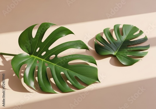 Two Fresh Green Monstera Leaves Lying on Beige Background Showing Natural Light