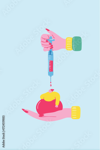 Bold illustration of a person with a weight loss syringe medication.