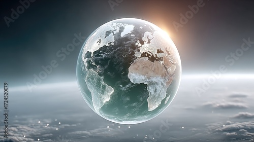 Glowing Earth Hologram Floating Above Cloudscape with Sun Flare Cinematic Global Visualization Futuristic Technology and International Connectivity in Space