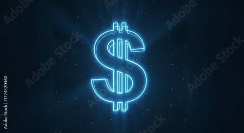 A vibrant, glowing dollar sign graphic against a dark, starry backdrop is presented in a contemporary, futuristic style.