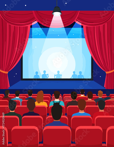 People watching a movie in a cinema with red seats and curtains.