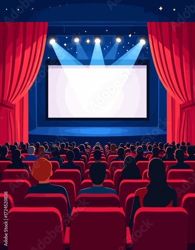 Movie theater with audience watching a blank screen under spotlights.