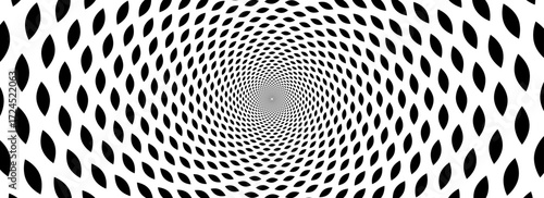 Geometric optical illusion background. Black and white hypnotic rotating ovals surface. Spinning spiral ellipse poster design. Abstract trippy illusion wallpaper for banner, template design. Vector