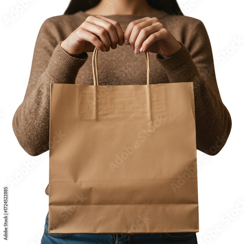 Person holding a plain brown paper shopping bag with handles isolated on transparent background