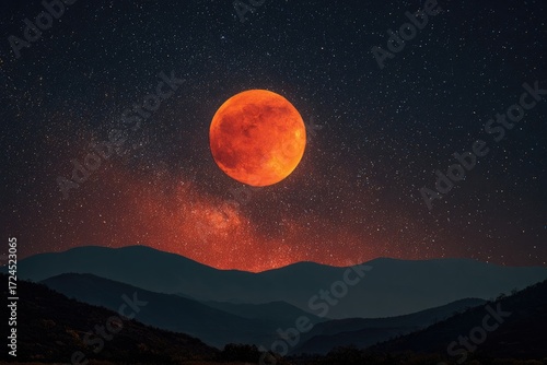 Night sky with a blood moon over mountains
