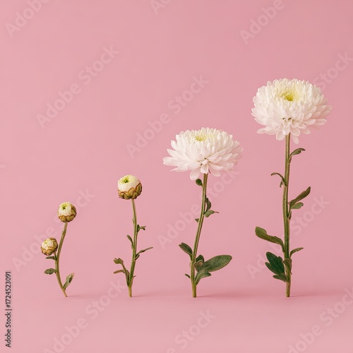 Four white chrysanthemums in stages of growth against a pink background