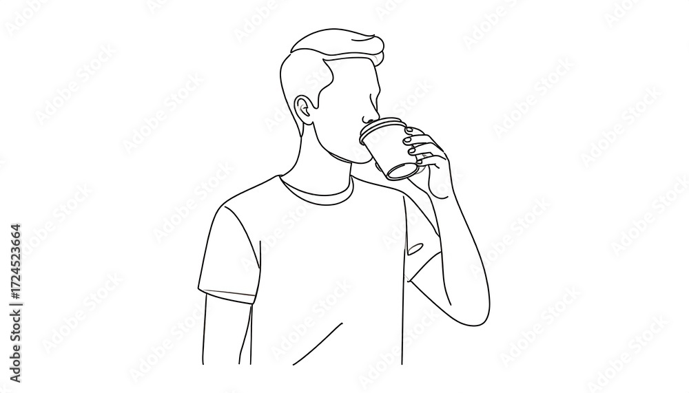 Obraz premium A simple line drawing of a man drinking from a disposable coffee cup