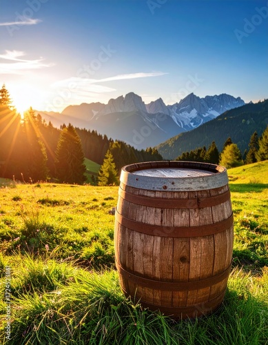 Wooden barrel on grassy hillside at sunset, mountains beyond