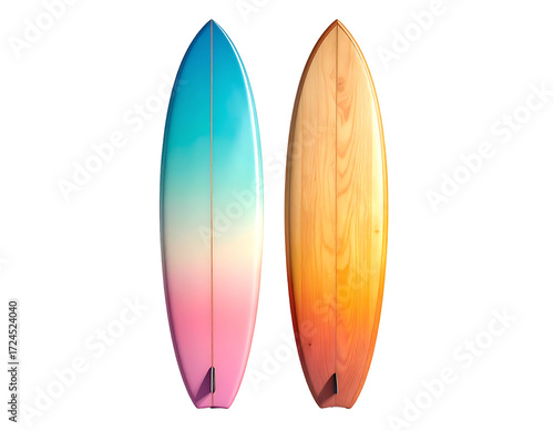 Two colorful surfboards, one teal-pink gradient, the other a golden-orange gradient, facing outward