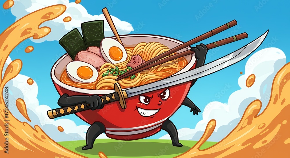 Naklejka premium Cartoon ramen bowl with sword