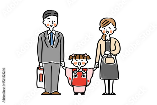 七五三の記念撮影をする親子の全身イラスト