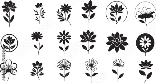 flower, floral, blossom, bloom, petal, leaf, stem, nature, botanical, garden, plant, silhouette, icon, design, element, graphic, set, collection, isolated, white background, outline, simple, decorativ